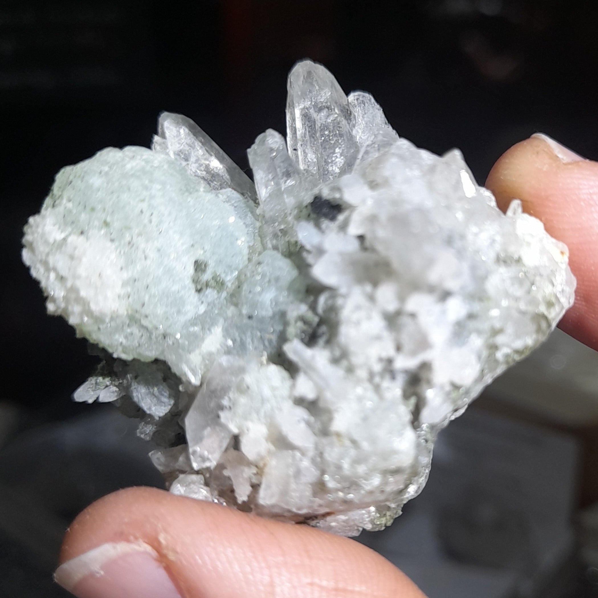 Prehnite, Clear Quartz and tourmaline